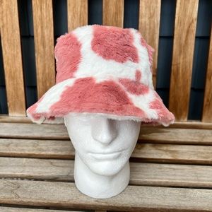 Pink Faux Fur Cow Print Bucket Hat